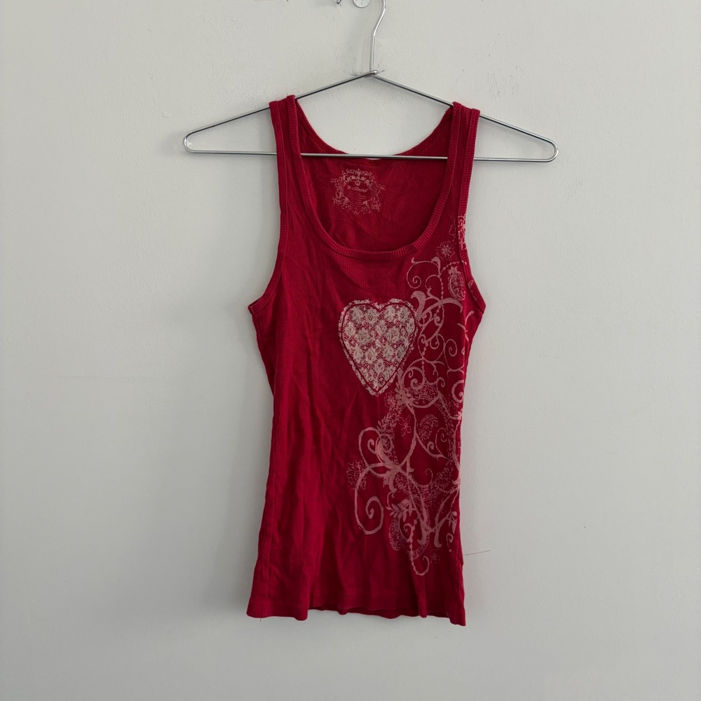Mud Design Red Graphic Ribbed Tank Top Heart Y2K Medium